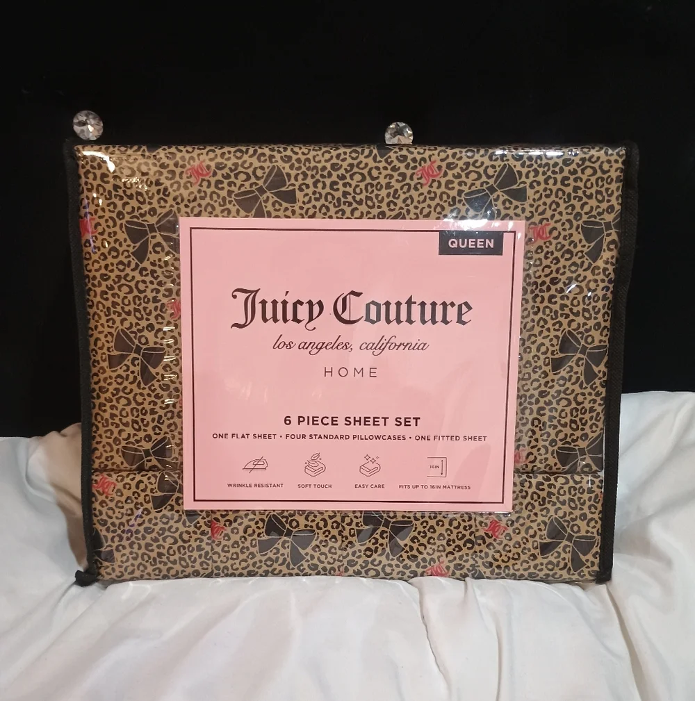 New Juicy Couture Leopard Print Bow & Logo Sheet Set Size Queen
